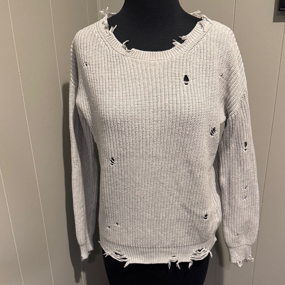 One Grey Day light grey cashmere blend ribbed knit distressed sweater. XS